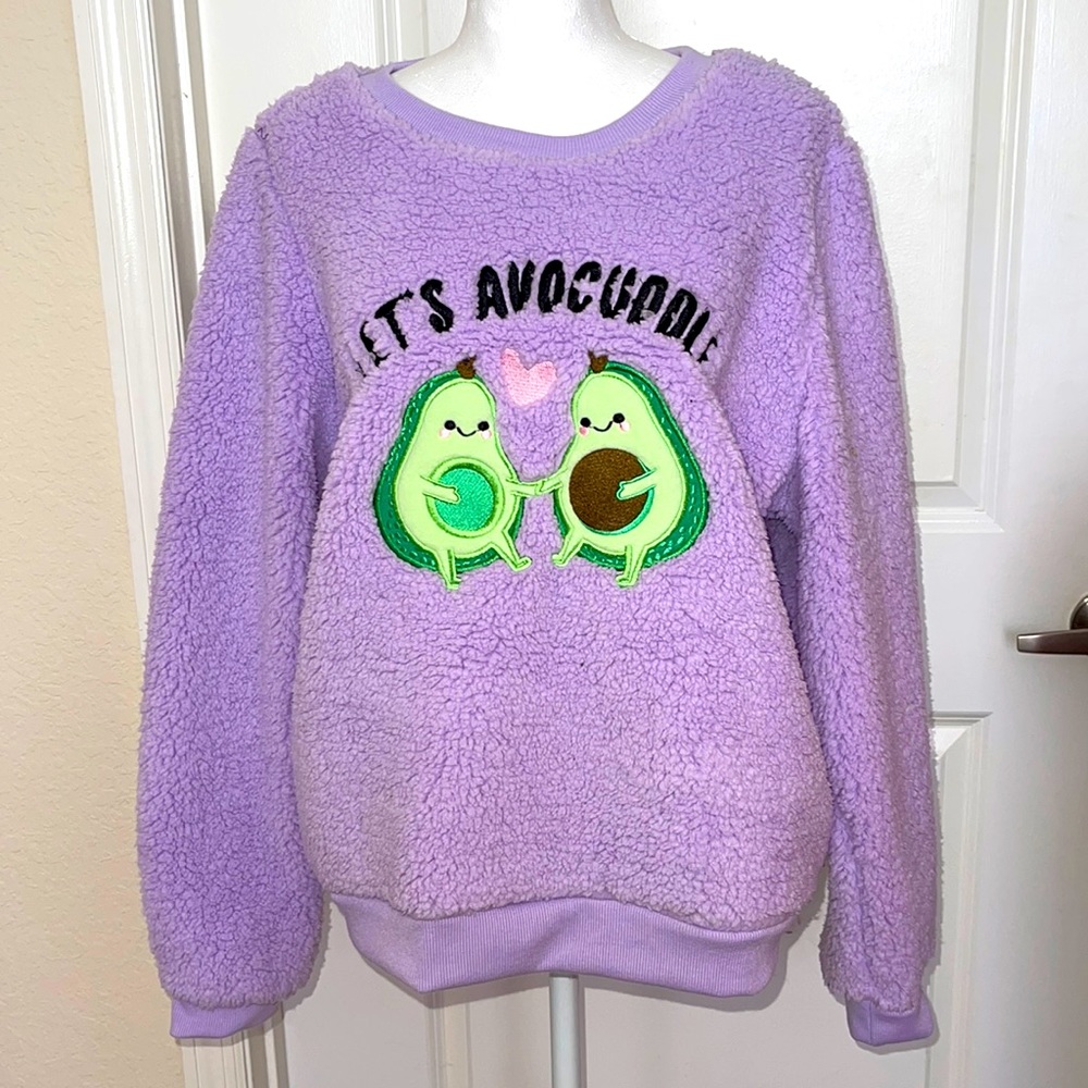 Weekend edition purple Sherpa avocado sweater Large NWT